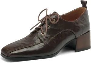 TinaCus Women's Square Toe Genuine Leather Handmade Selftie Low Chunky Heels Retro Oxford Shoes