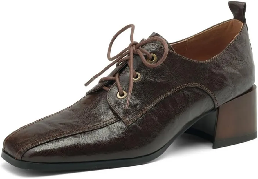TinaCus Women's Square Toe Genuine Leather Handmade Selftie Low Chunky Heels Retro Oxford Shoes
