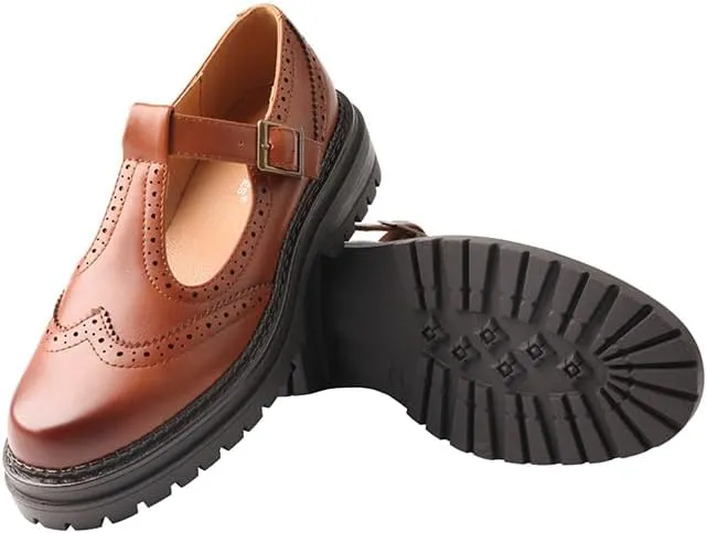TMA EYES Chunky Platform T-Strap Hollowed-Out Loafer Vintage Round Toe Women's Single Shoes