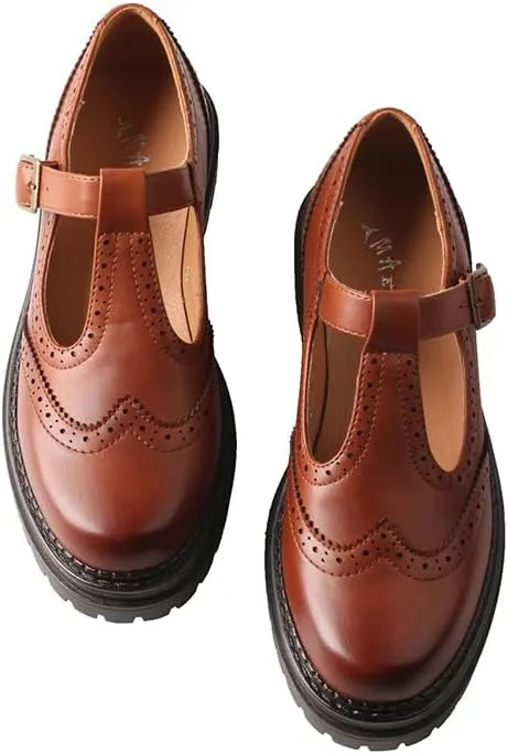 TMA EYES Chunky Platform T-Strap Hollowed-Out Loafer Vintage Round Toe Women's Single Shoes