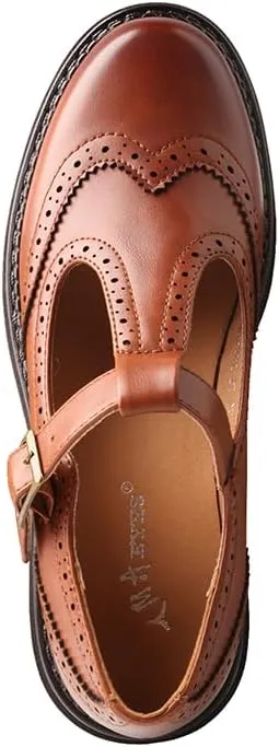 TMA EYES Chunky Platform T-Strap Hollowed-Out Loafer Vintage Round Toe Women's Single Shoes