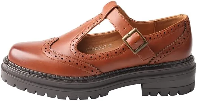 TMA EYES Chunky Platform T-Strap Hollowed-Out Loafer Vintage Round Toe Women's Single Shoes