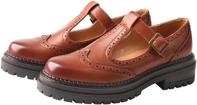 TMA EYES Chunky Platform T-Strap Hollowed-Out Loafer Vintage Round Toe Women's Single Shoes
