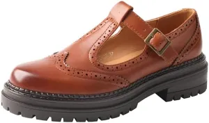 TMA EYES Chunky Platform T-Strap Hollowed-Out Loafer Vintage Round Toe Women's Single Shoes