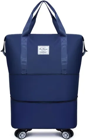 Travel Tote Bag with Trolley Sleeve Expandable Extra Duffel Bag with Wheels Lightweight Traveling Foldable Suitcase