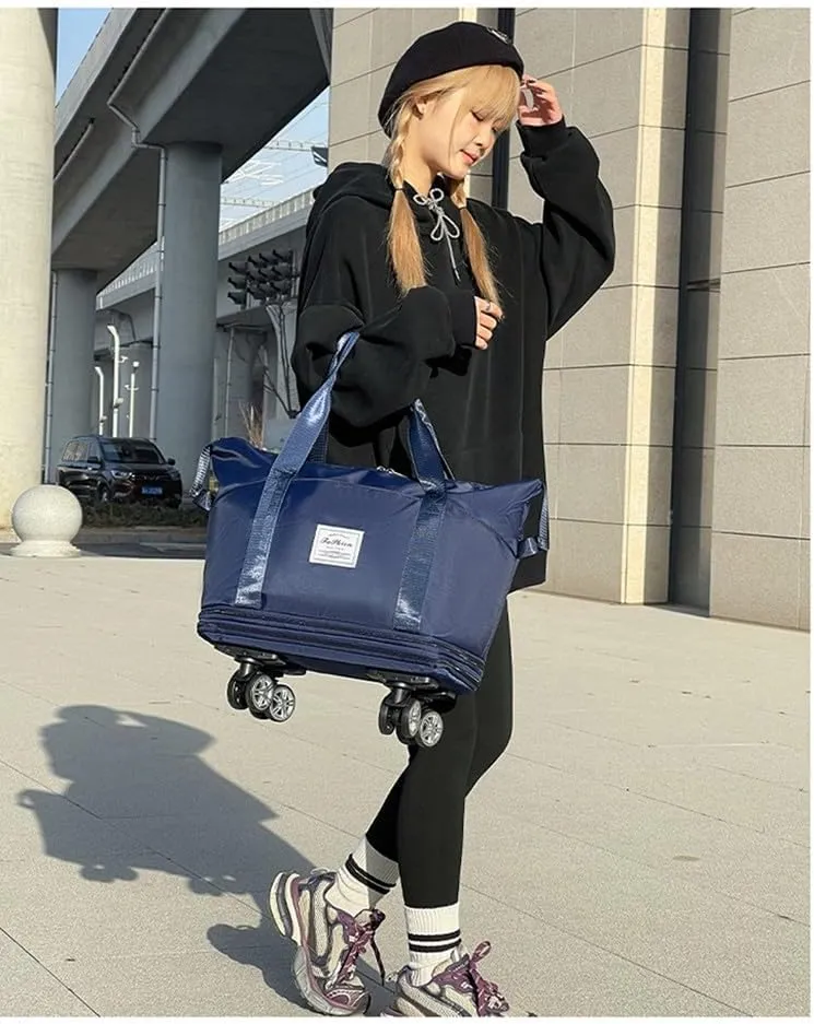Travel Tote Bag with Trolley Sleeve Expandable Extra Duffel Bag with Wheels Lightweight Traveling Foldable Suitcase