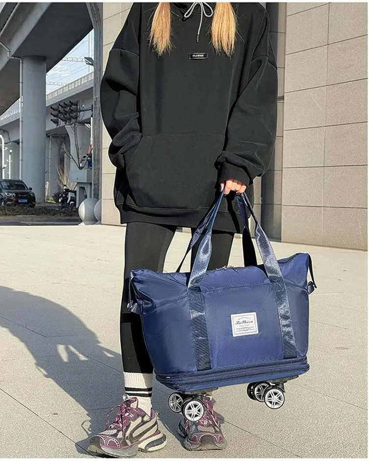 Travel Tote Bag with Trolley Sleeve Expandable Extra Duffel Bag with Wheels Lightweight Traveling Foldable Suitcase