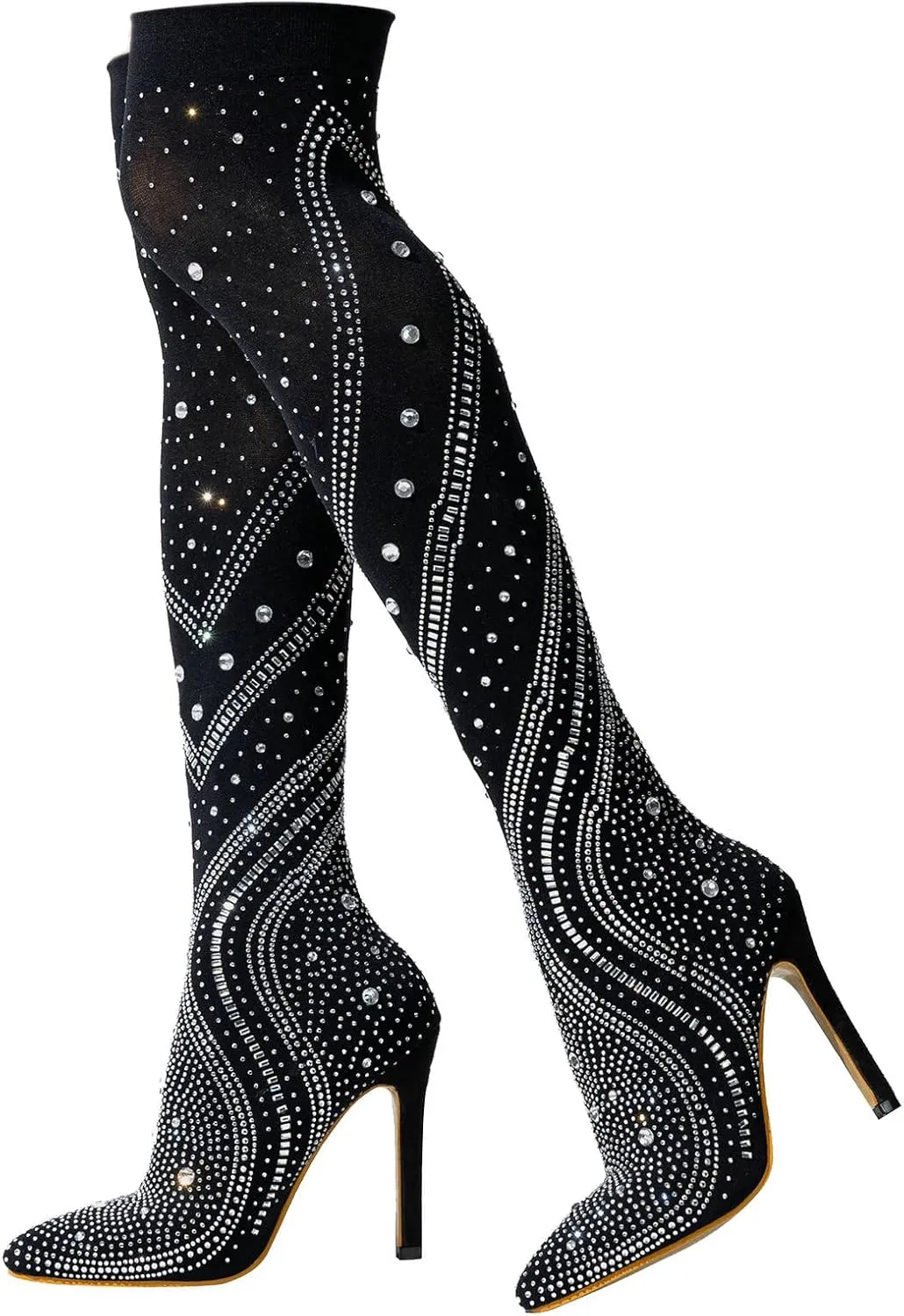 Trendenzy Sparkly Rhinestone Over The Knee Sock Boots Pointed Toe Stiletto High Heeled Thigh High Stretch Boots for Women Sexy