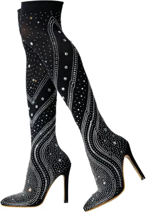 Trendenzy Sparkly Rhinestone Over The Knee Sock Boots Pointed Toe Stiletto High Heeled Thigh High Stretch Boots for Women Sexy