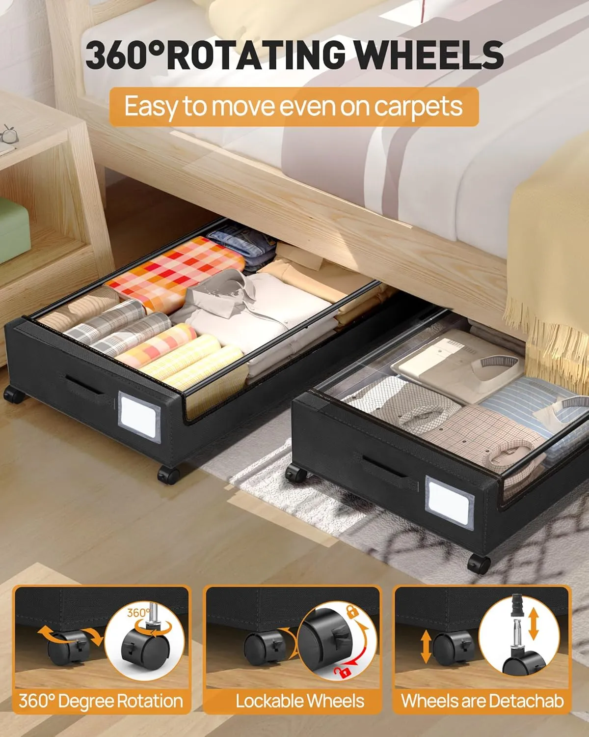 Under Bed Storage with Wheels, 2 Pack Square Under Bed Storage Containers, 60L Under The Bed Storage Bins, Rolling Under The Bed Storage Metal Drawer for Clothes, Blankets, Shoes...