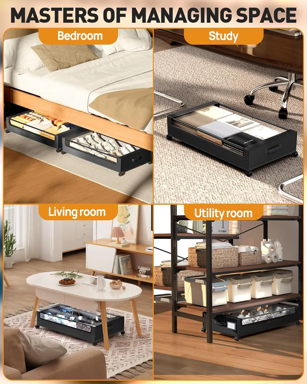Under Bed Storage with Wheels, 2 Pack Square Under Bed Storage Containers, 60L Under The Bed Storage Bins, Rolling Under The Bed Storage Metal Drawer for Clothes, Blankets, Shoes...