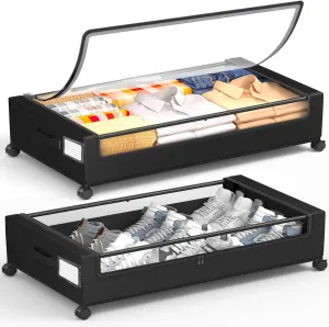 Under Bed Storage with Wheels, 2 Pack Square Under Bed Storage Containers, 60L Under The Bed Storage Bins, Rolling Under The Bed Storage Metal Drawer for Clothes, Blankets, Shoes...