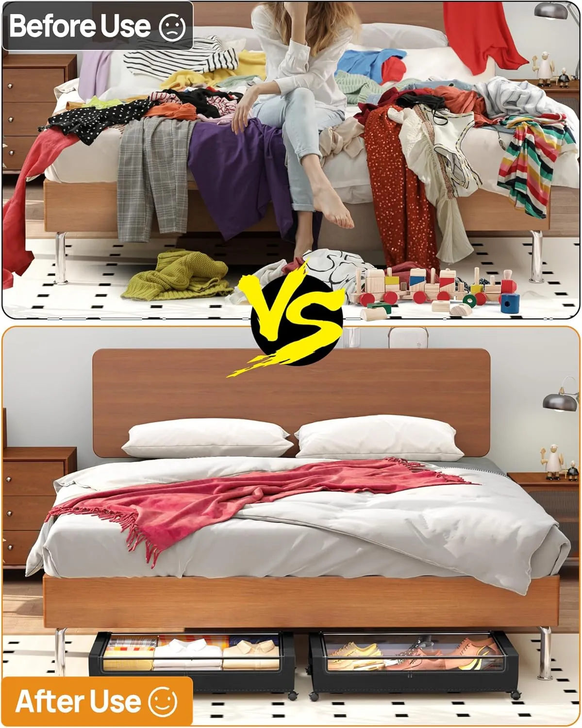 Under Bed Storage with Wheels, 2 Pack Square Under Bed Storage Containers, 60L Under The Bed Storage Bins, Rolling Under The Bed Storage Metal Drawer for Clothes, Blankets, Shoes...