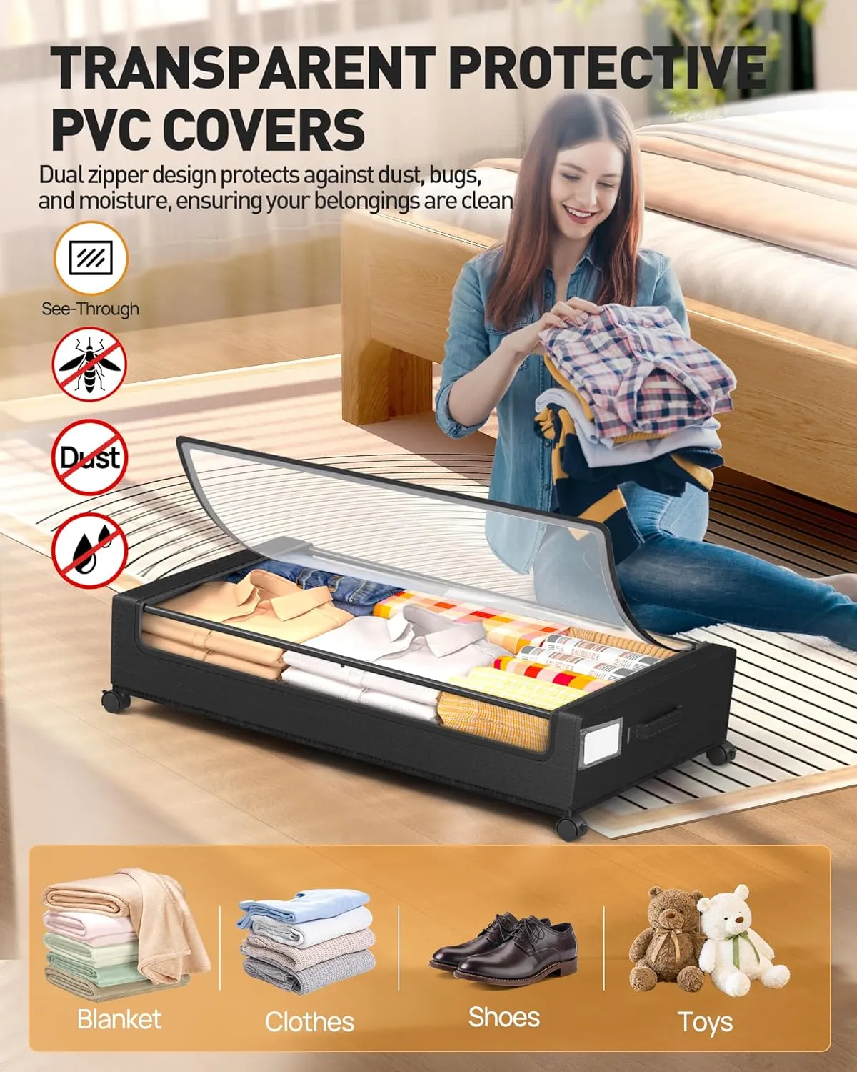 Under Bed Storage with Wheels, 2 Pack Square Under Bed Storage Containers, 60L Under The Bed Storage Bins, Rolling Under The Bed Storage Metal Drawer for Clothes, Blankets, Shoes...