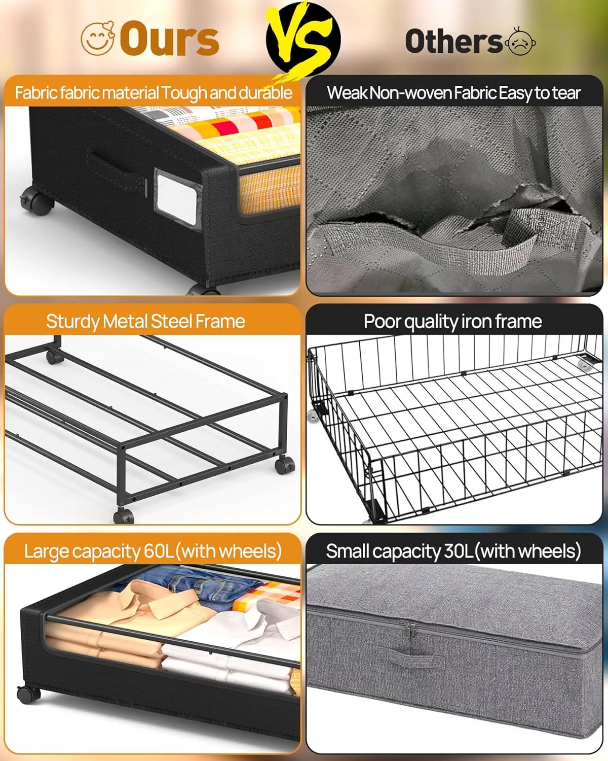 Under Bed Storage with Wheels, 2 Pack Square Under Bed Storage Containers, 60L Under The Bed Storage Bins, Rolling Under The Bed Storage Metal Drawer for Clothes, Blankets, Shoes...