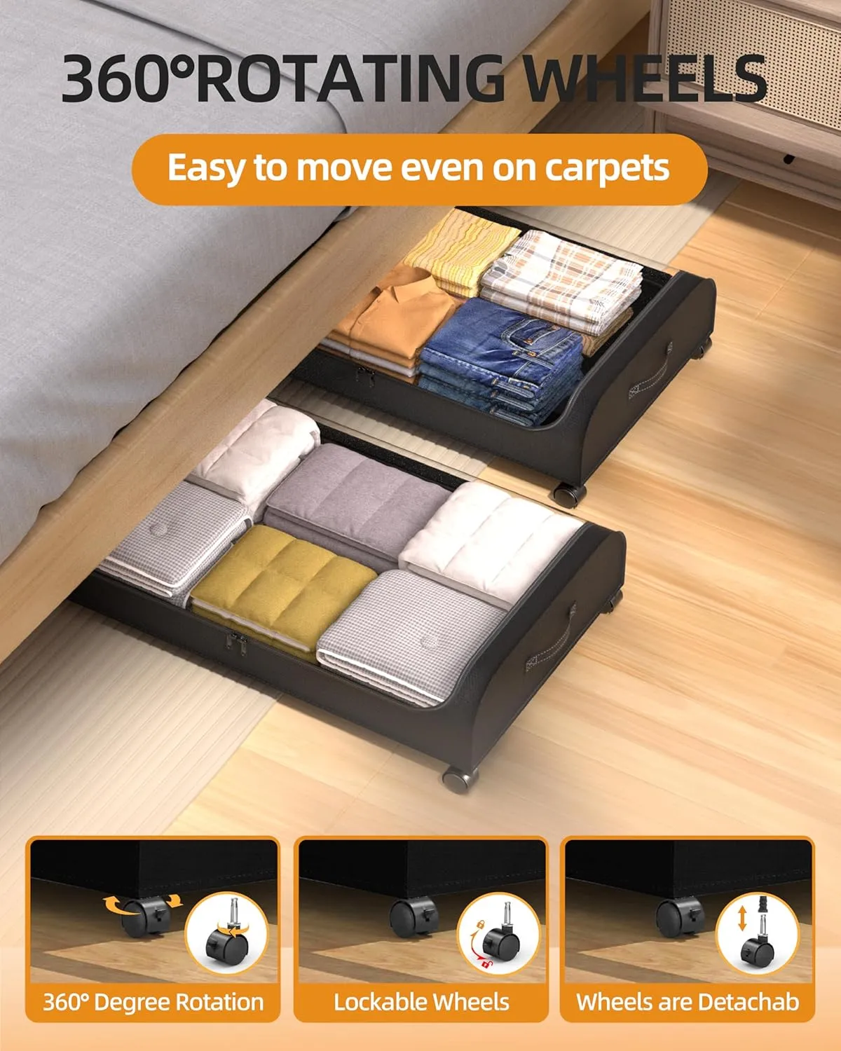 Under Bed Storage with Wheels, 4 Pack Curved Under Bed Storage Containers, 60L Under The Bed Storage Bins, Rolling Under The Bed Storage Metal Drawer for Clothes, Blankets, Shoes-Black