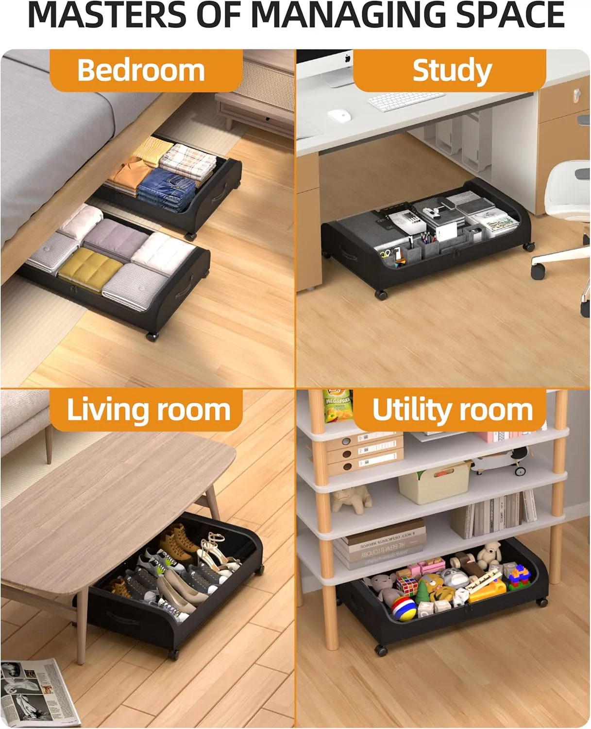 Under Bed Storage with Wheels, 4 Pack Curved Under Bed Storage Containers, 60L Under The Bed Storage Bins, Rolling Under The Bed Storage Metal Drawer for Clothes, Blankets, Shoes-Black