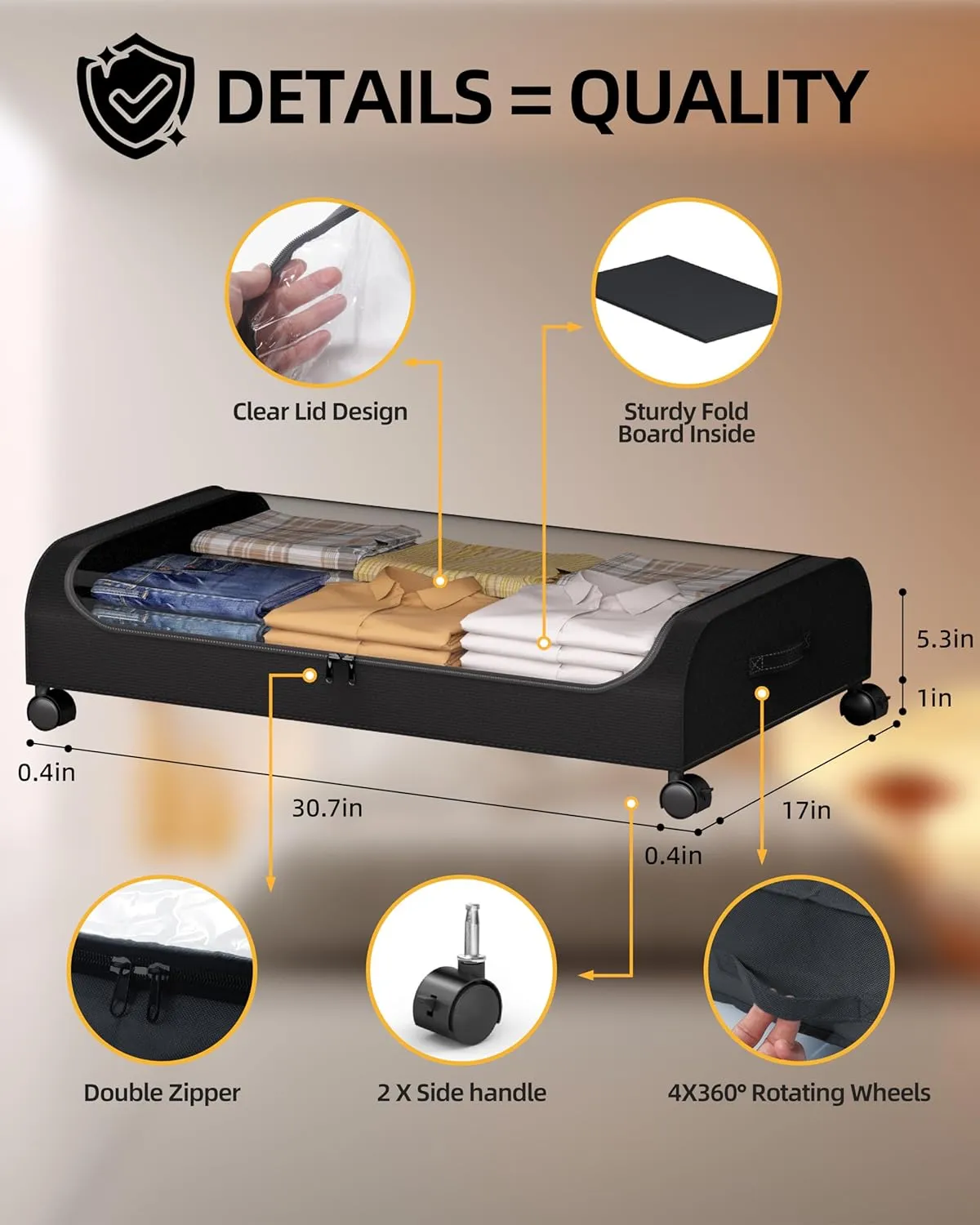 Under Bed Storage with Wheels, 4 Pack Curved Under Bed Storage Containers, 60L Under The Bed Storage Bins, Rolling Under The Bed Storage Metal Drawer for Clothes, Blankets, Shoes-Black
