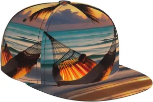 Unisex Baseball Cap, Adjustable Fashion Flat Brim Cap, Suitable for All Seasons, Daily, Outing, Sports Sunset Beach Hammock Pattern Black