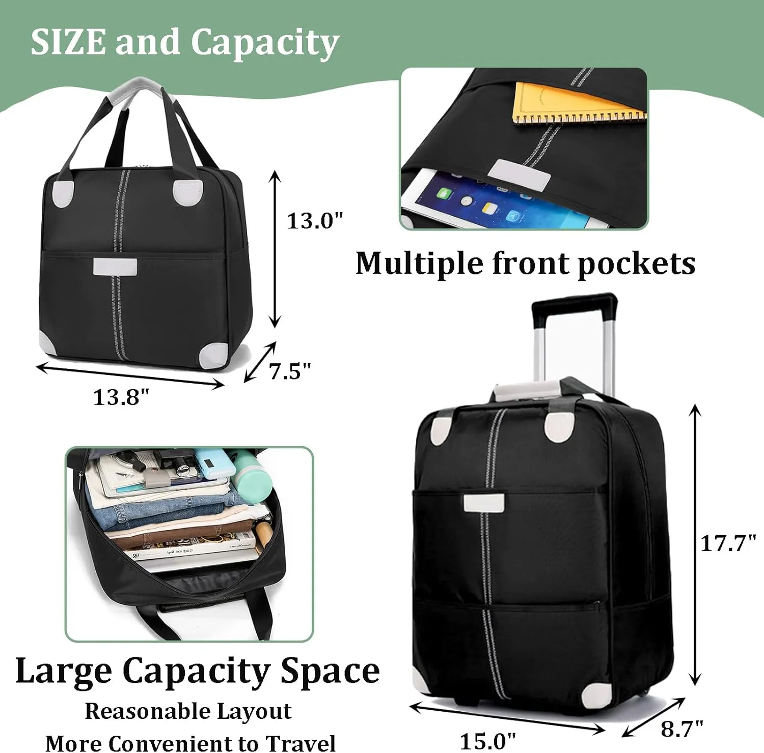 Upright Carry On Luggage Set with Duffel Bag, 17 Inch Lightweight Suitcase with Spinner Wheels for Business and Travel Black