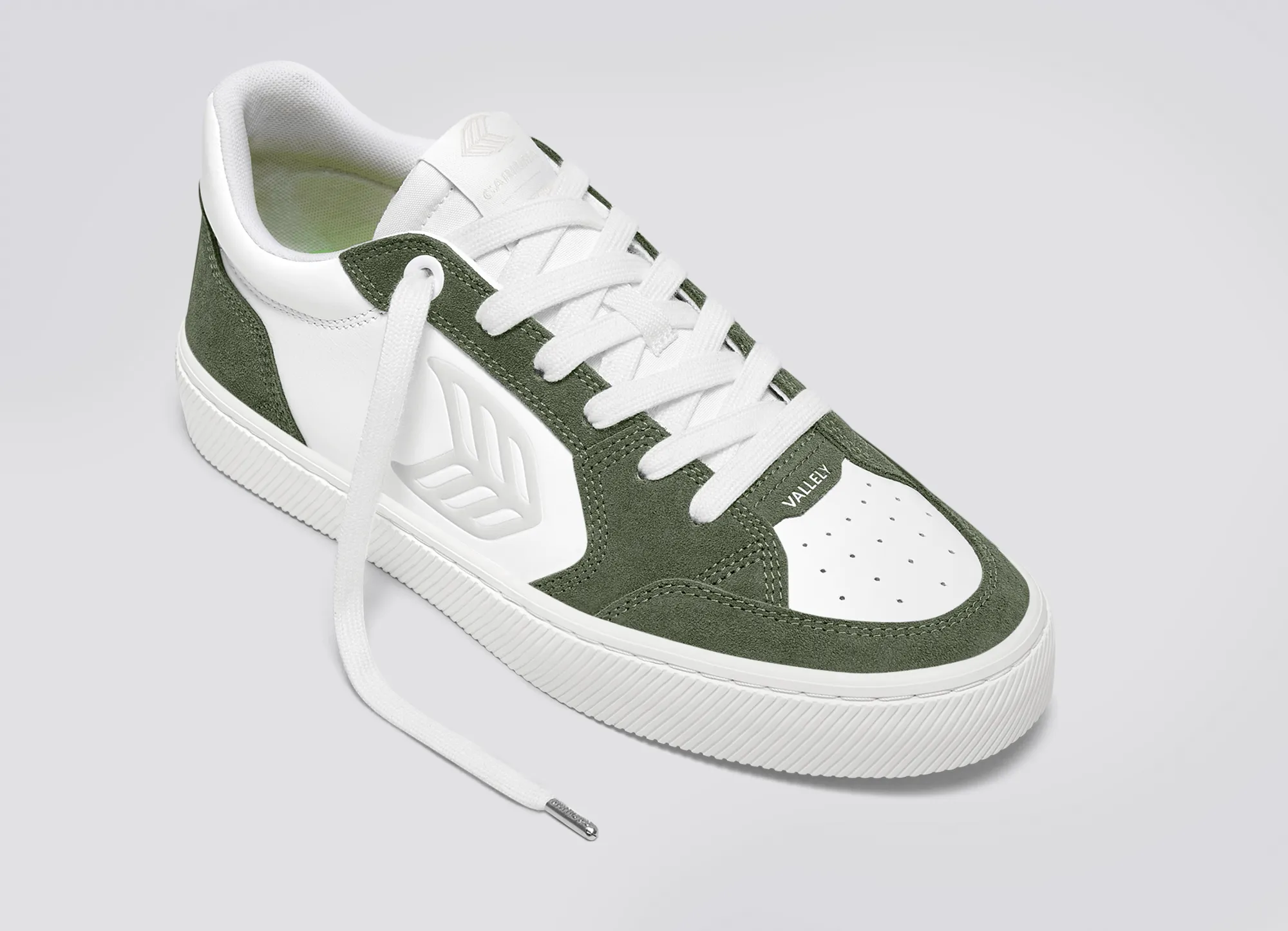 VALLELY White Leather Bronze Green Suede Ice Logo Sneaker