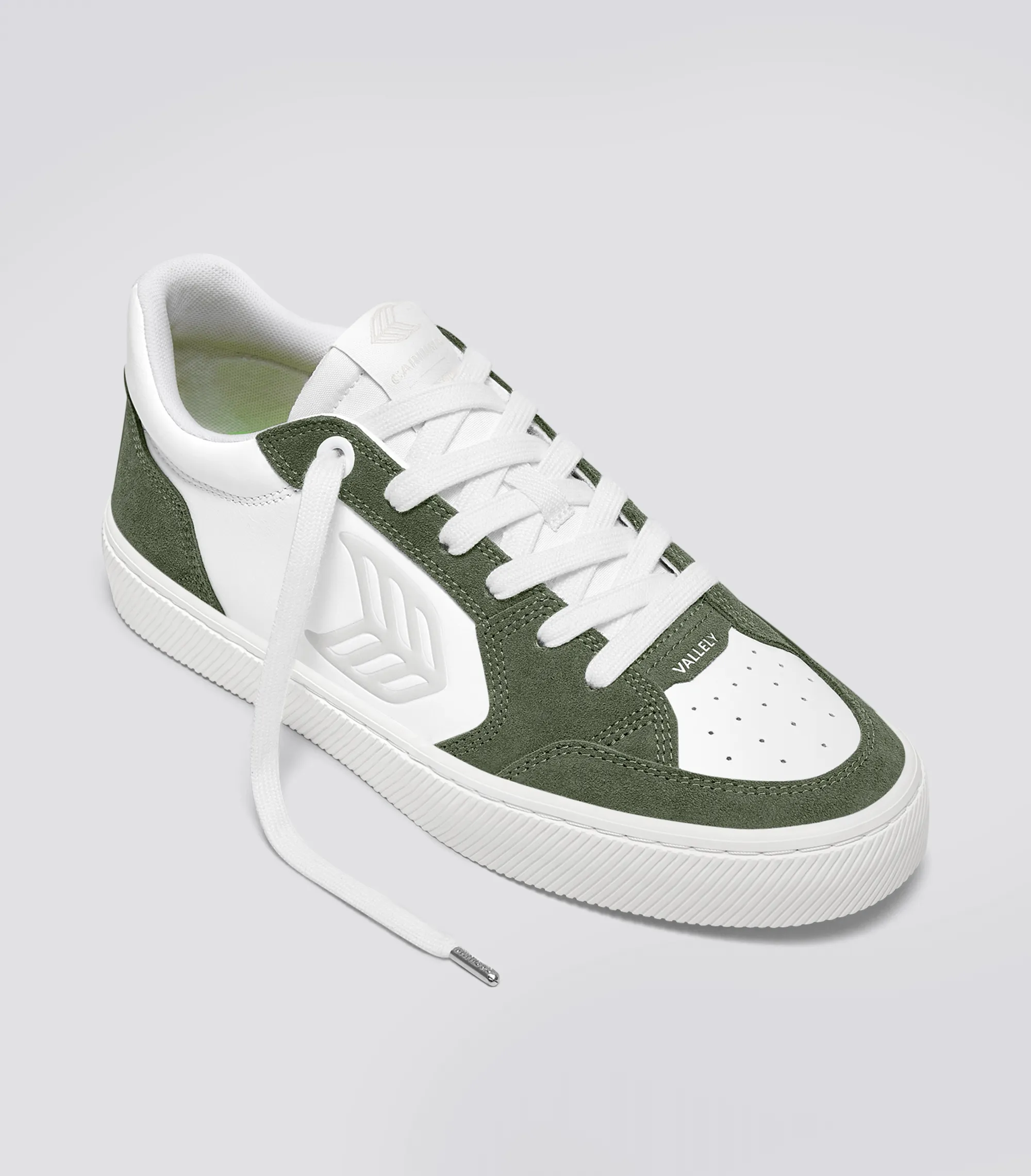 VALLELY White Leather Bronze Green Suede Ice Logo Sneaker