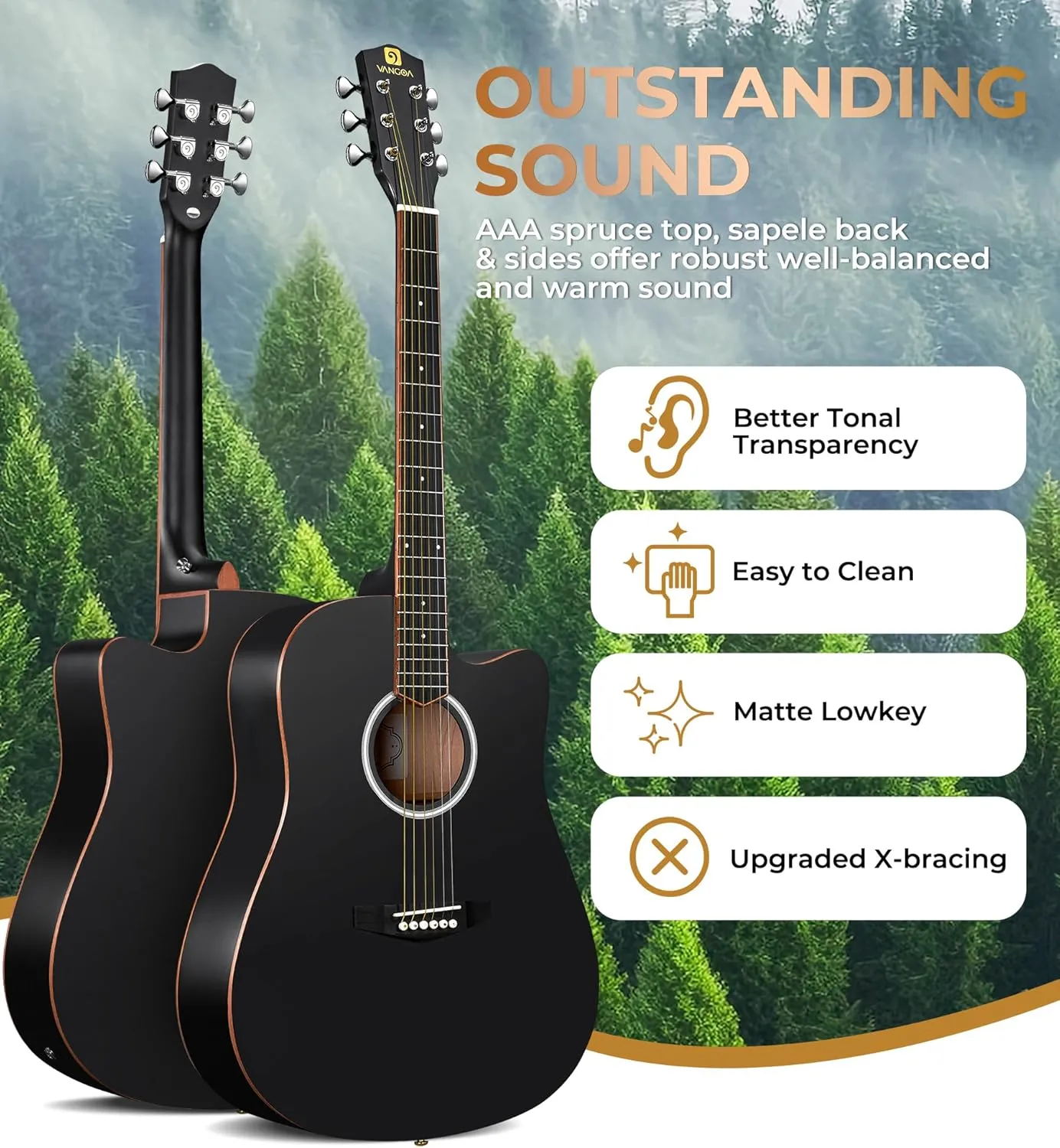 Vangoa 41" Acoustic Guitar Bundle for Adults Beginners Teens Dreadnought Full Size Cutaway Guitarra Acústica Kit with Wooden Bindings, Gig Bag, Tuner, Steel Strings, Capo, Strap, Black