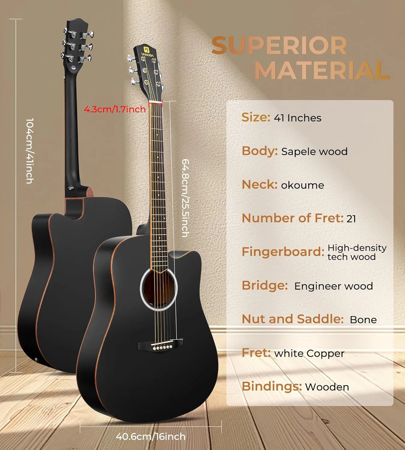 Vangoa 41" Acoustic Guitar Bundle for Adults Beginners Teens Dreadnought Full Size Cutaway Guitarra Acústica Kit with Wooden Bindings, Gig Bag, Tuner, Steel Strings, Capo, Strap, Black