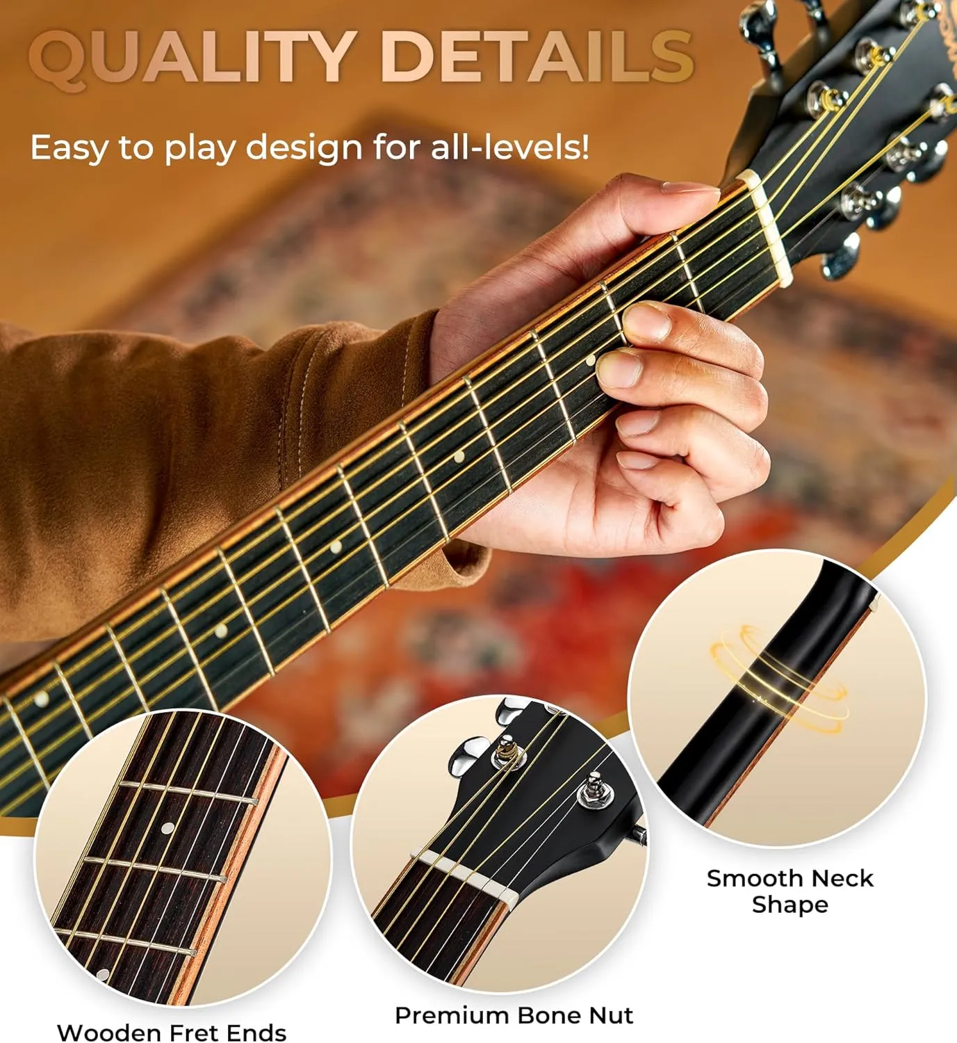 Vangoa 41" Acoustic Guitar Bundle for Adults Beginners Teens Dreadnought Full Size Cutaway Guitarra Acústica Kit with Wooden Bindings, Gig Bag, Tuner, Steel Strings, Capo, Strap, Black
