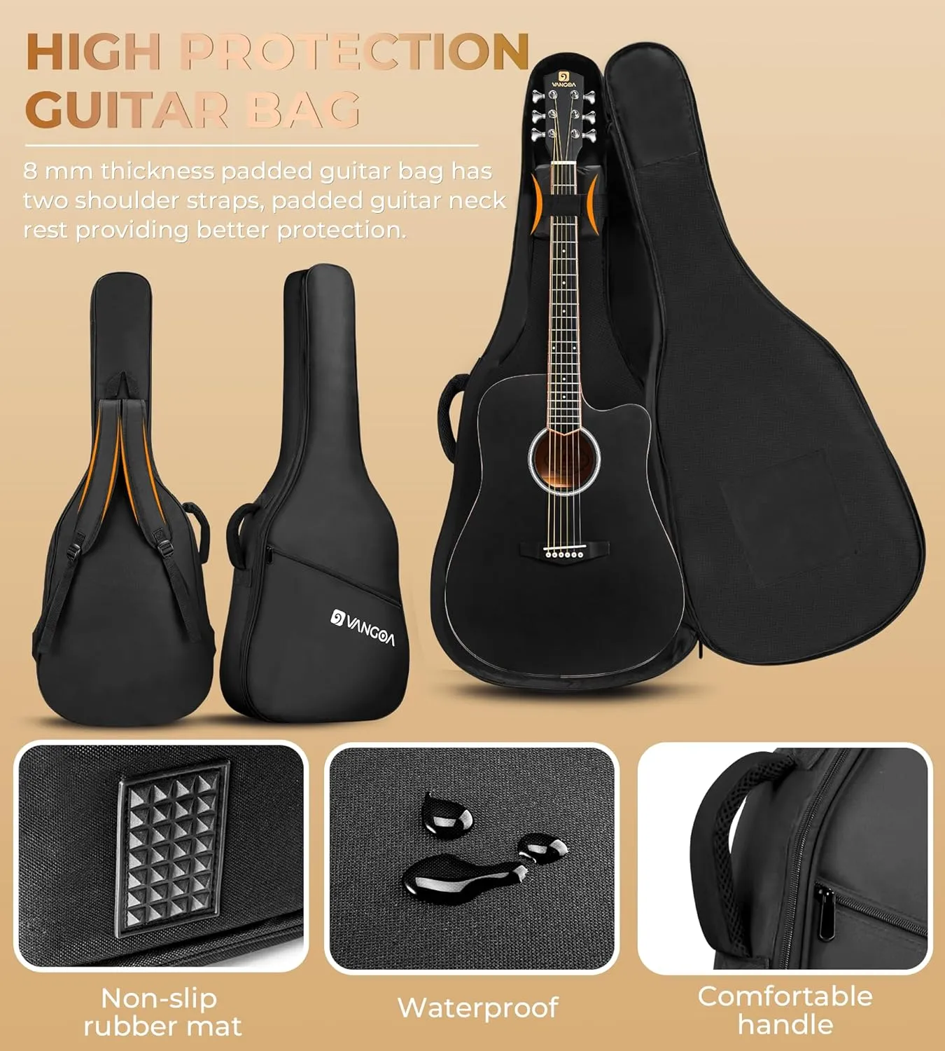 Vangoa 41" Acoustic Guitar Bundle for Adults Beginners Teens Dreadnought Full Size Cutaway Guitarra Acústica Kit with Wooden Bindings, Gig Bag, Tuner, Steel Strings, Capo, Strap, Black