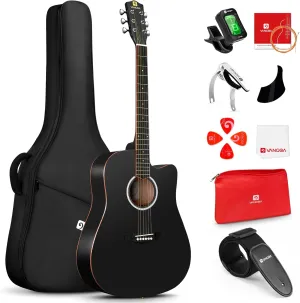 Vangoa 41" Acoustic Guitar Bundle for Adults Beginners Teens Dreadnought Full Size Cutaway Guitarra Acústica Kit with Wooden Bindings, Gig Bag, Tuner, Steel Strings, Capo, Strap, Black