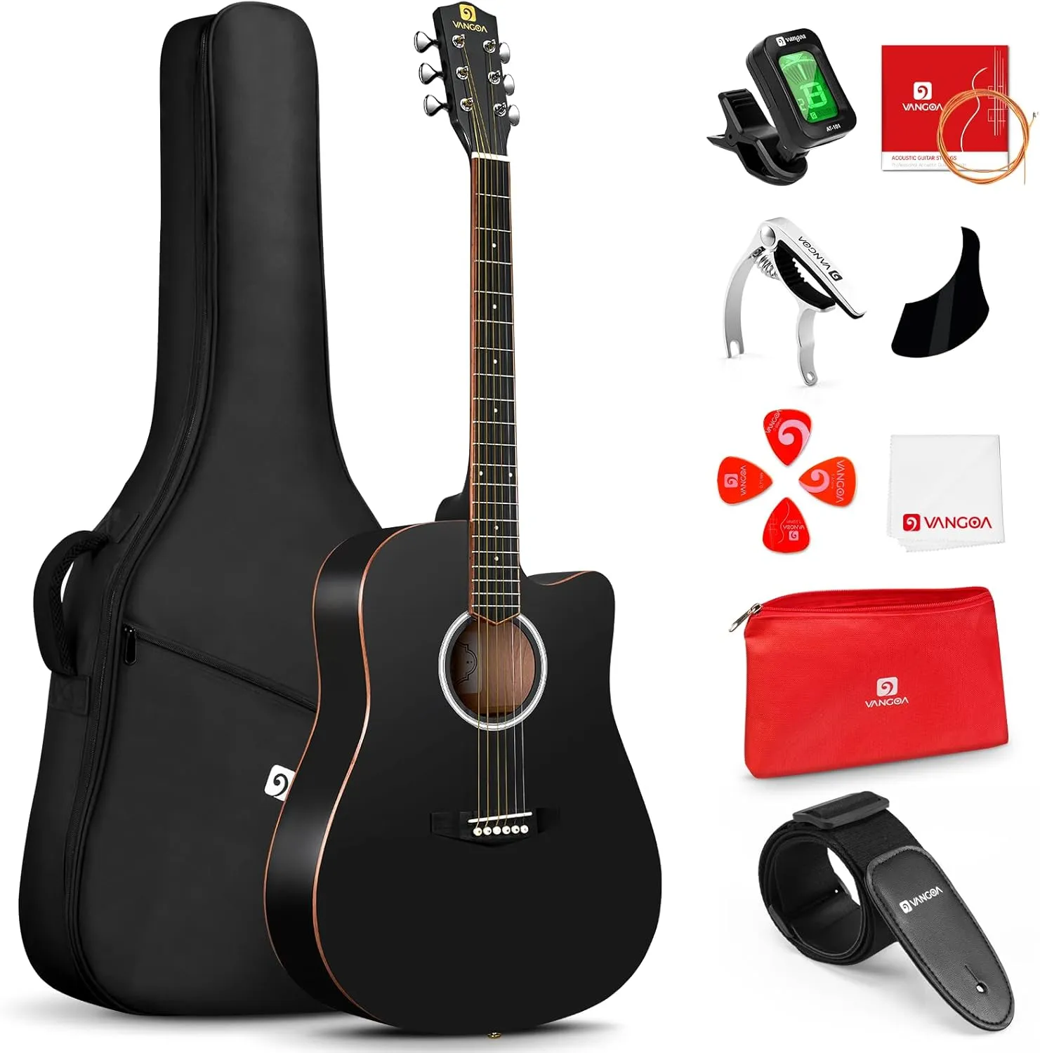 Vangoa 41" Acoustic Guitar Bundle for Adults Beginners Teens Dreadnought Full Size Cutaway Guitarra Acústica Kit with Wooden Bindings, Gig Bag, Tuner, Steel Strings, Capo, Strap, Black