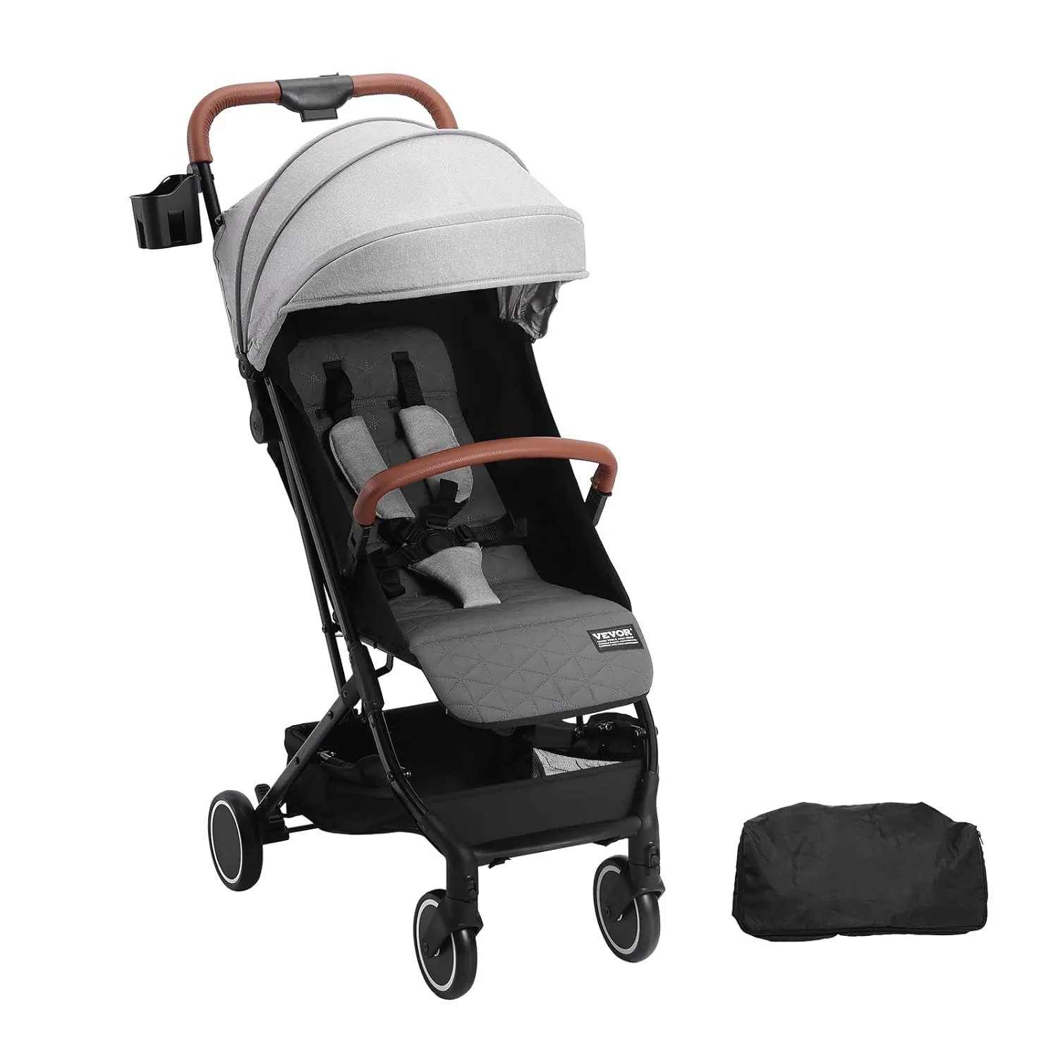 VEVOR Standard Baby Infant Stroller, Toddler Stroller with 95°-150° Adjustable Backrest & & 0/90°Adjustable Footrest & One-Click Folding, Newborn Stroller with Cup Holder and Carry Bag, Light Grey