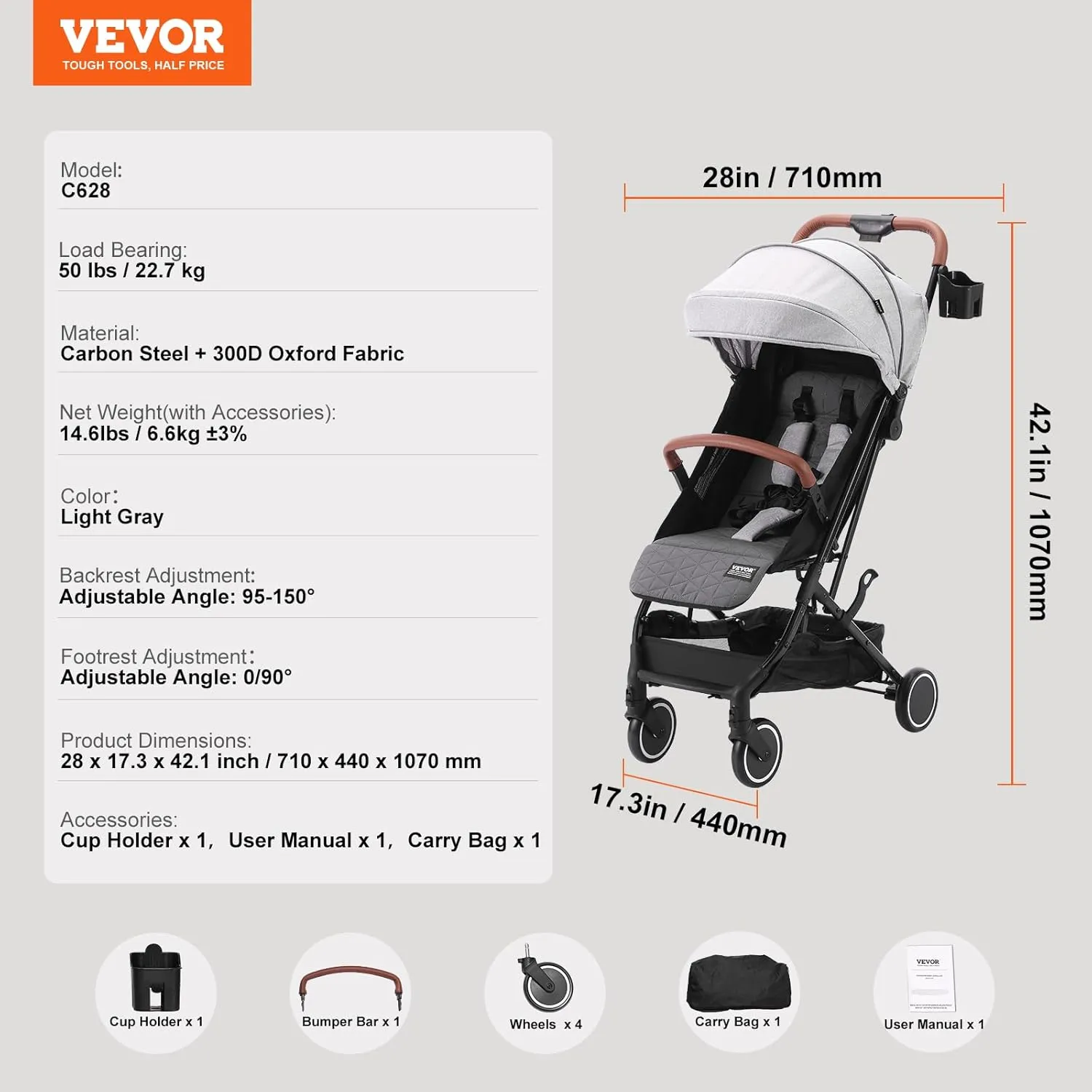VEVOR Standard Baby Infant Stroller, Toddler Stroller with 95°-150° Adjustable Backrest & & 0/90°Adjustable Footrest & One-Click Folding, Newborn Stroller with Cup Holder and Carry Bag, Light Grey