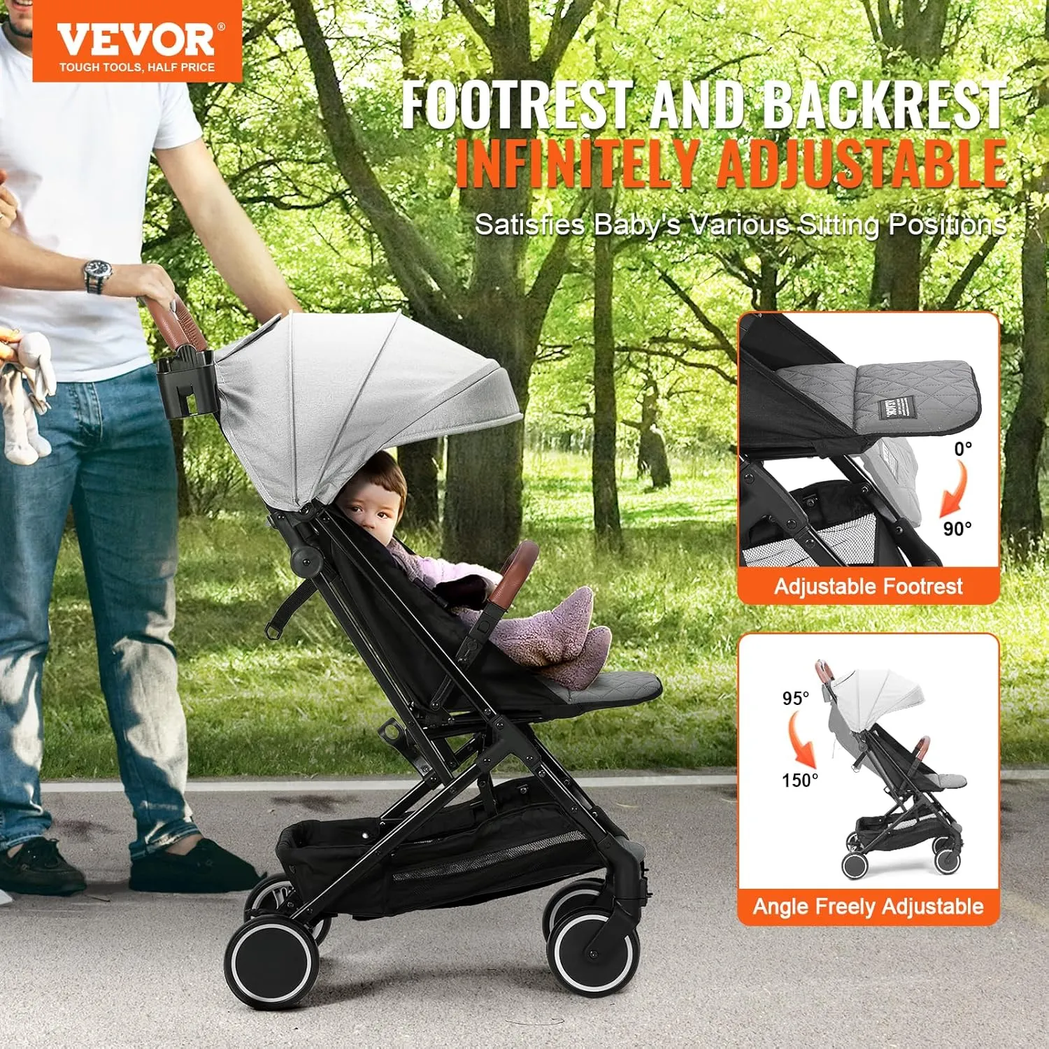 VEVOR Standard Baby Infant Stroller, Toddler Stroller with 95°-150° Adjustable Backrest & & 0/90°Adjustable Footrest & One-Click Folding, Newborn Stroller with Cup Holder and Carry Bag, Light Grey