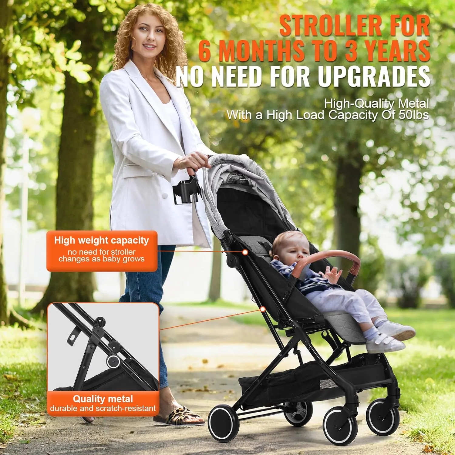 VEVOR Standard Baby Infant Stroller, Toddler Stroller with 95°-150° Adjustable Backrest & & 0/90°Adjustable Footrest & One-Click Folding, Newborn Stroller with Cup Holder and Carry Bag, Light Grey