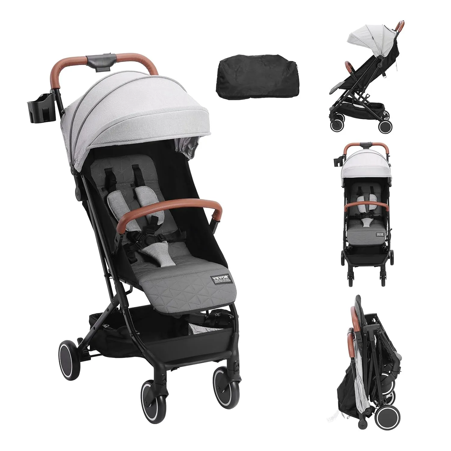 VEVOR Standard Baby Infant Stroller, Toddler Stroller with 95°-150° Adjustable Backrest & & 0/90°Adjustable Footrest & One-Click Folding, Newborn Stroller with Cup Holder and Carry Bag, Light Grey