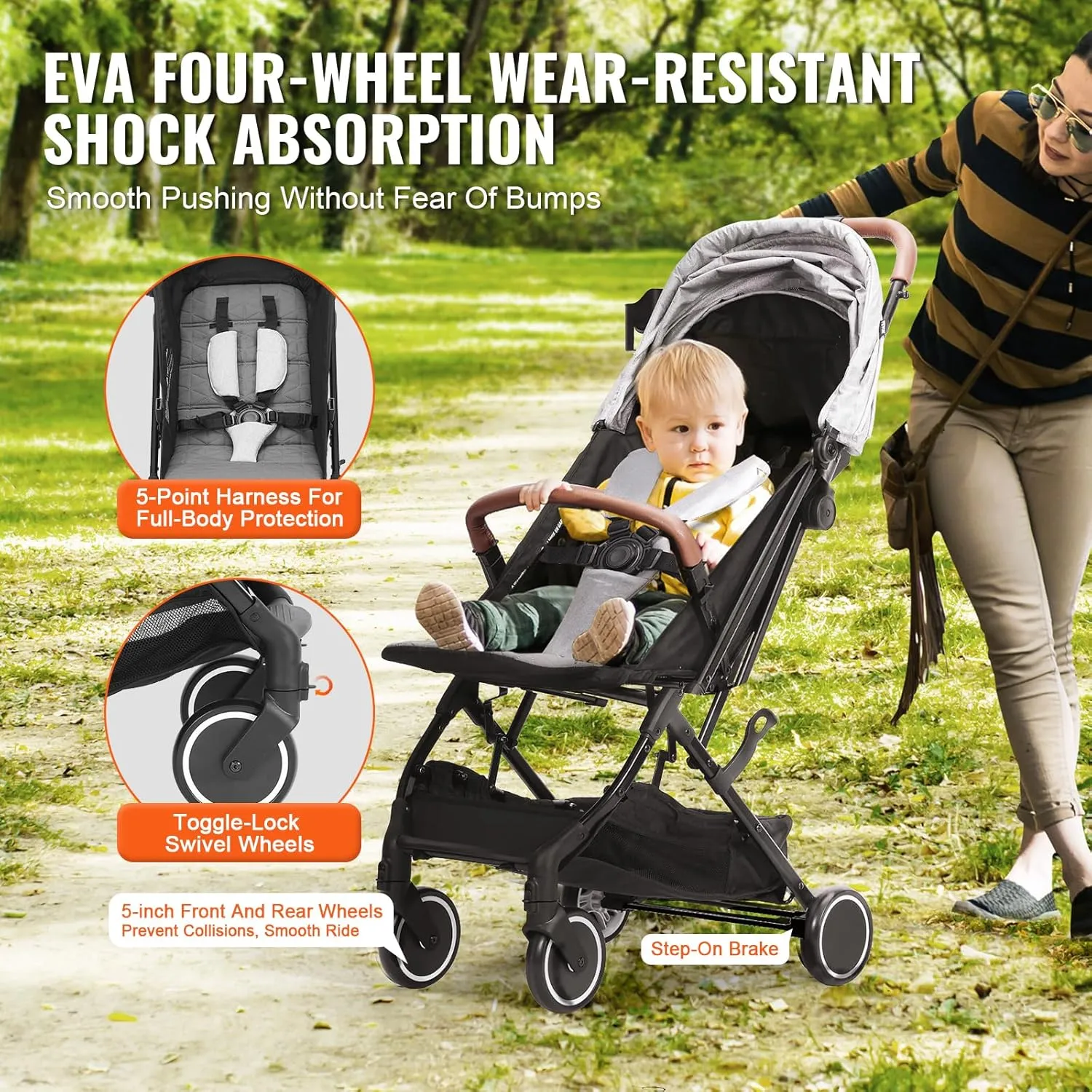 VEVOR Standard Baby Infant Stroller, Toddler Stroller with 95°-150° Adjustable Backrest & & 0/90°Adjustable Footrest & One-Click Folding, Newborn Stroller with Cup Holder and Carry Bag, Light Grey