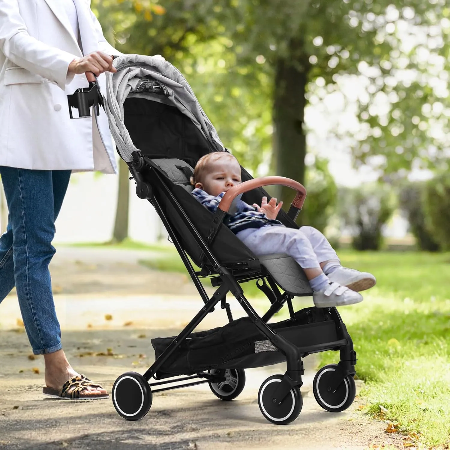 VEVOR Standard Baby Infant Stroller, Toddler Stroller with 95°-150° Adjustable Backrest & & 0/90°Adjustable Footrest & One-Click Folding, Newborn Stroller with Cup Holder and Carry Bag, Light Grey