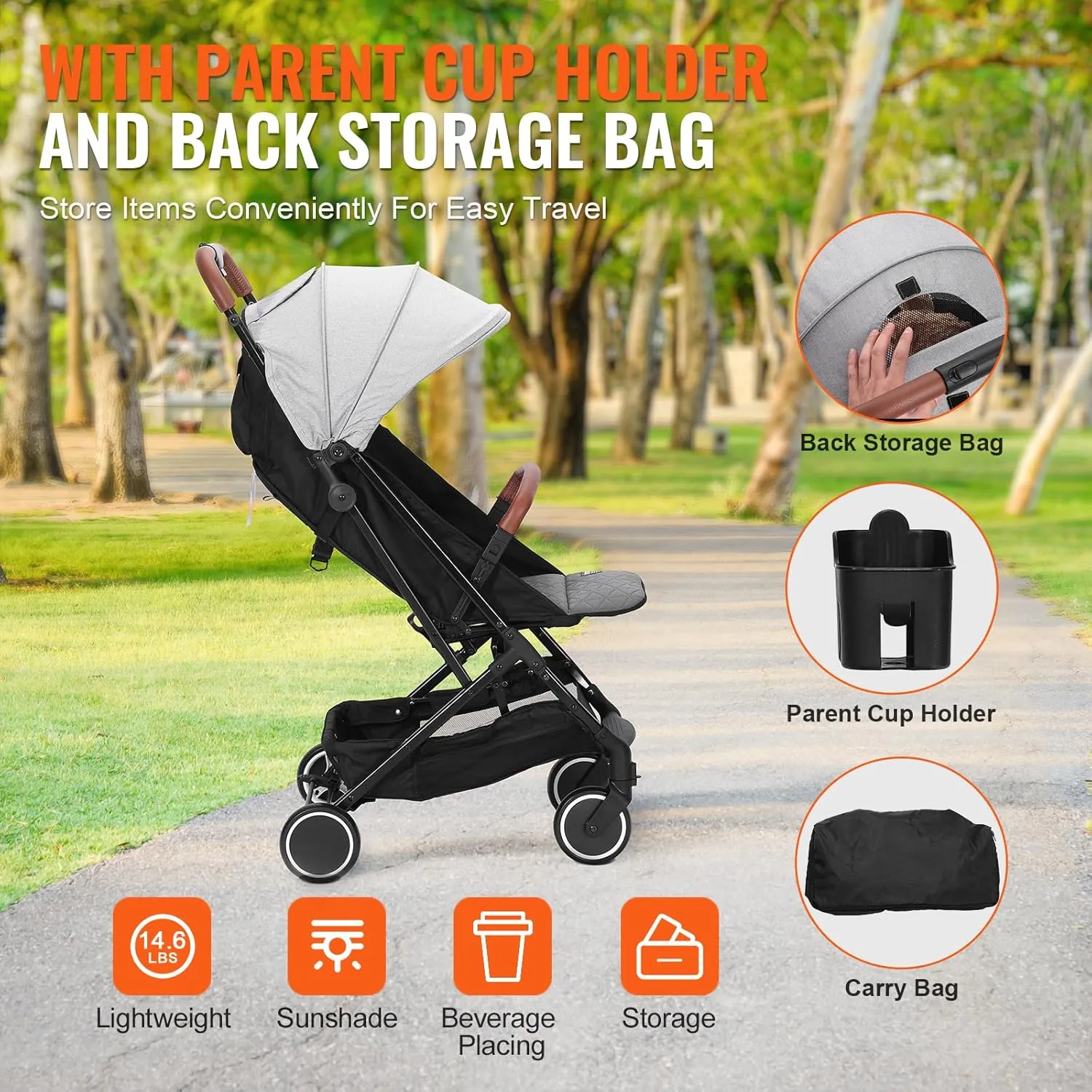 VEVOR Standard Baby Infant Stroller, Toddler Stroller with 95°-150° Adjustable Backrest & & 0/90°Adjustable Footrest & One-Click Folding, Newborn Stroller with Cup Holder and Carry Bag, Light Grey