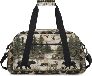 Vintage Bear Deer Forest Woodland Gym Bag for Women Men, Sports Travel Duffel Bag Lightweight Workout Bag Carry On Overnight Weekender Bag