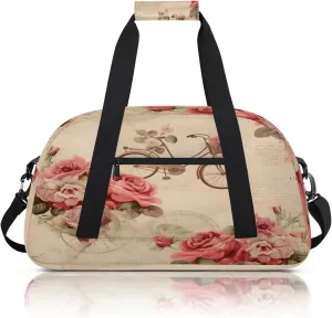 Vintage Rose Bicycle Flower Small Gym Bag 18 inch Carry On Duffel Bag for Weekender Travel Sports Workout Yoga Gymnastics Dance Ballet