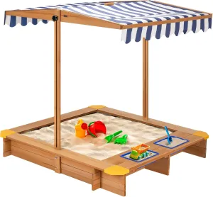 VIVOHOME 47" Wooden Sandbox with 2 Plastic Side Containers, Kids Sandbox with Rotatable UV-Resistant Canopy for Home Backyard Beach Outdoor