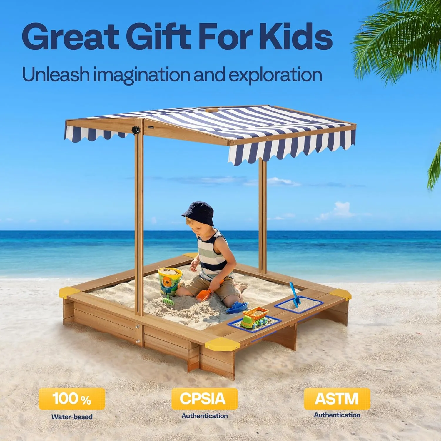 VIVOHOME 47" Wooden Sandbox with 2 Plastic Side Containers, Kids Sandbox with Rotatable UV-Resistant Canopy for Home Backyard Beach Outdoor