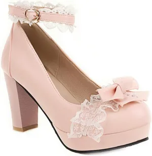 VOKLIN Women's Girls Lolita Platform Mary Jane Pumps Sweet Bow Ankle Strap Block High Heel Oxford Dress Shoes