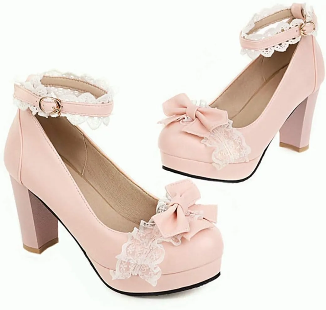 VOKLIN Women's Girls Lolita Platform Mary Jane Pumps Sweet Bow Ankle Strap Block High Heel Oxford Dress Shoes