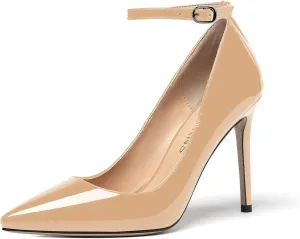 WAYDERNS Women's Pointed Toe Adjustable Strap Wedding Sexy Ankle Strap Buckle Patent Stiletto High Heel Pumps Shoes 4 Inch
