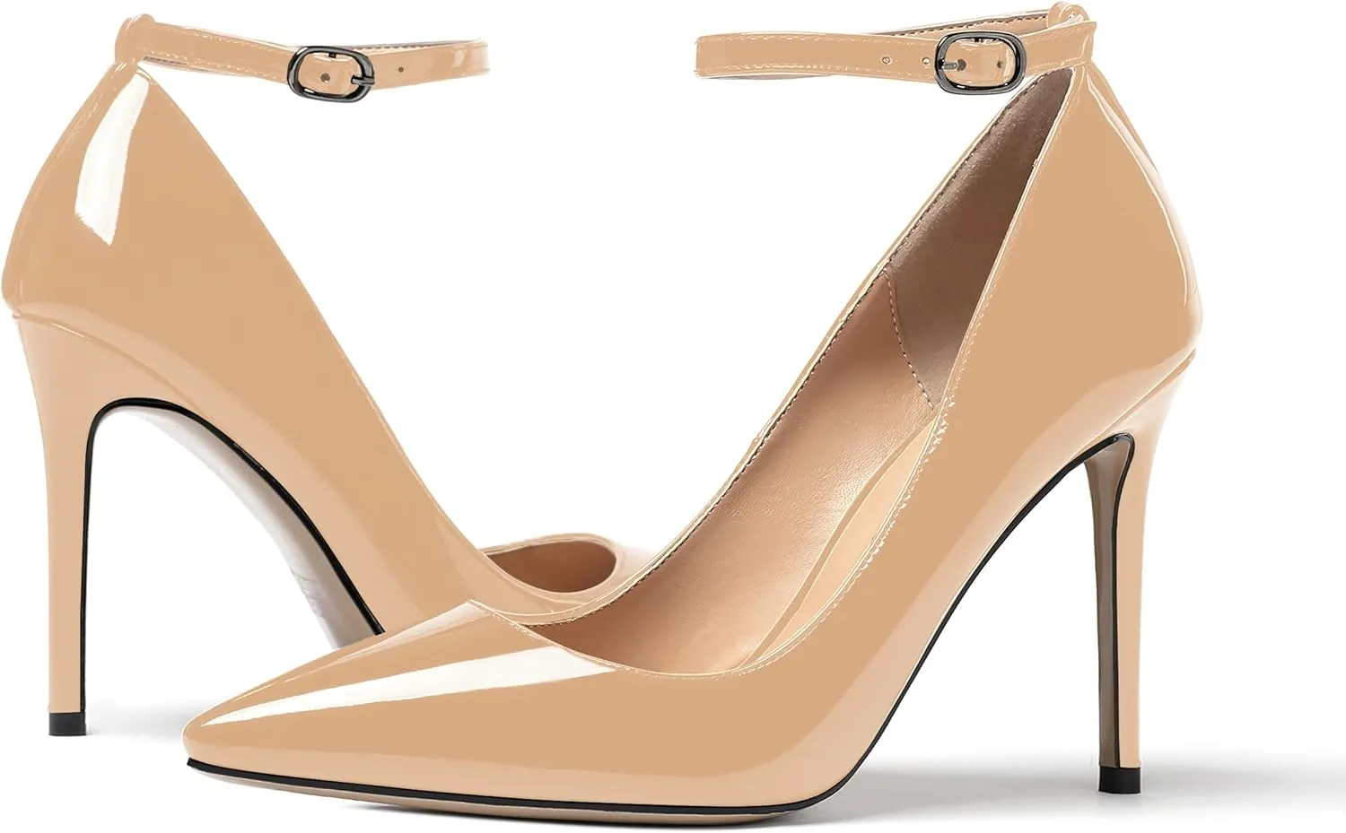WAYDERNS Women's Pointed Toe Adjustable Strap Wedding Sexy Ankle Strap Buckle Patent Stiletto High Heel Pumps Shoes 4 Inch