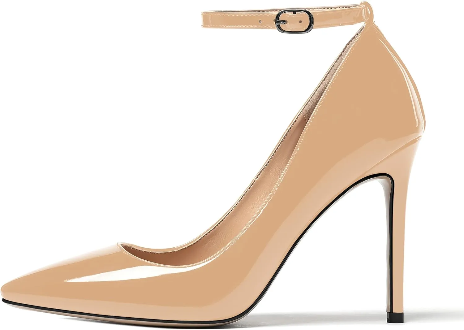 WAYDERNS Women's Pointed Toe Adjustable Strap Wedding Sexy Ankle Strap Buckle Patent Stiletto High Heel Pumps Shoes 4 Inch