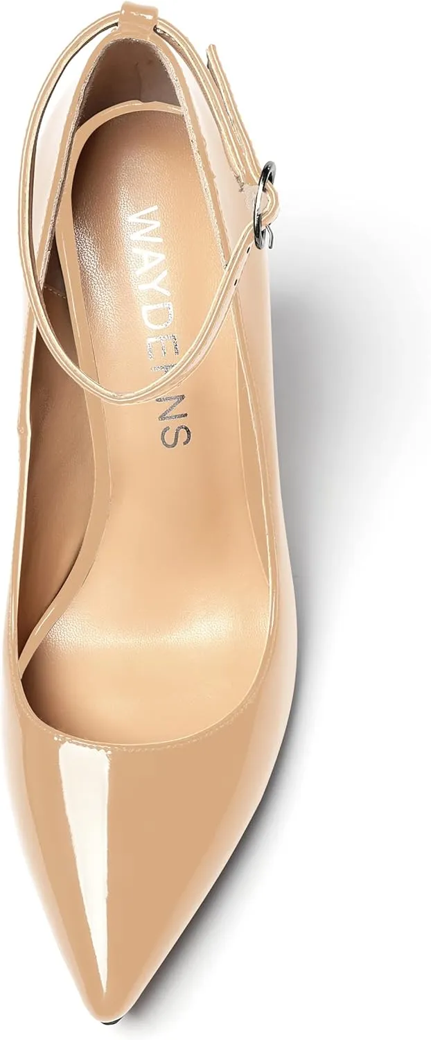 WAYDERNS Women's Pointed Toe Adjustable Strap Wedding Sexy Ankle Strap Buckle Patent Stiletto High Heel Pumps Shoes 4 Inch